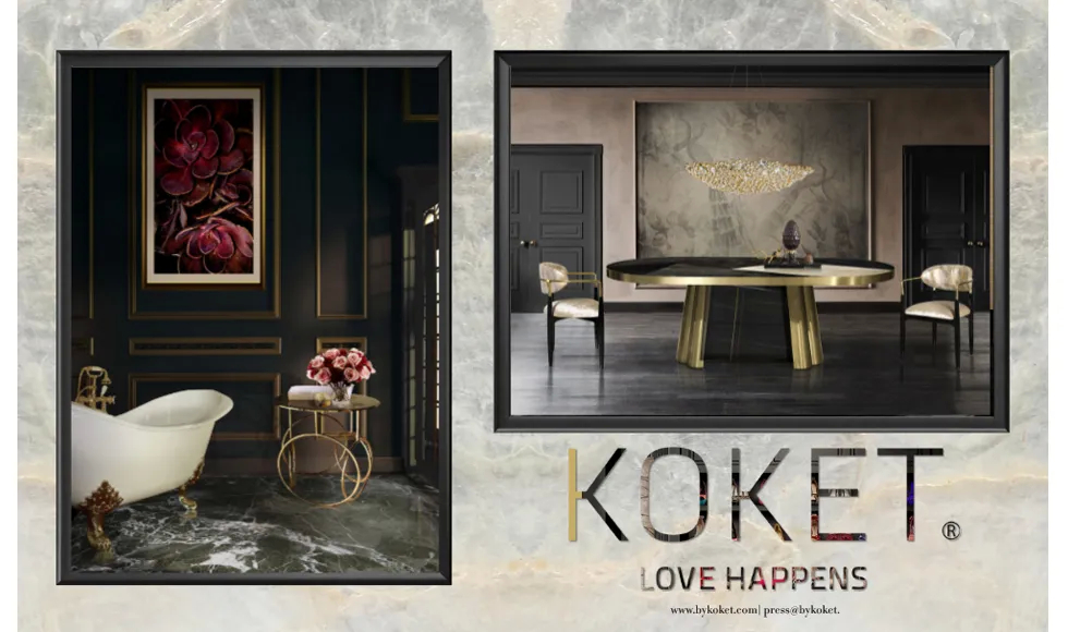 Magazine spread for The Contour of Luxury, featuring luxurious Koket interiors with a bathtub and a dining room.