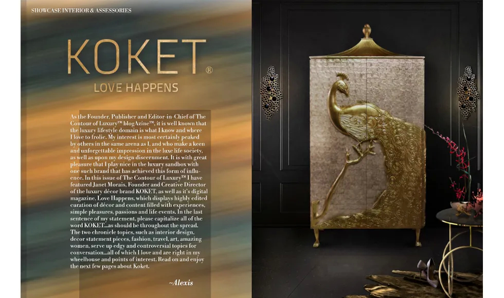 Magazine spread from The Contour of Luxury, featuring an article about Koket and the gold Camilia Armoire.