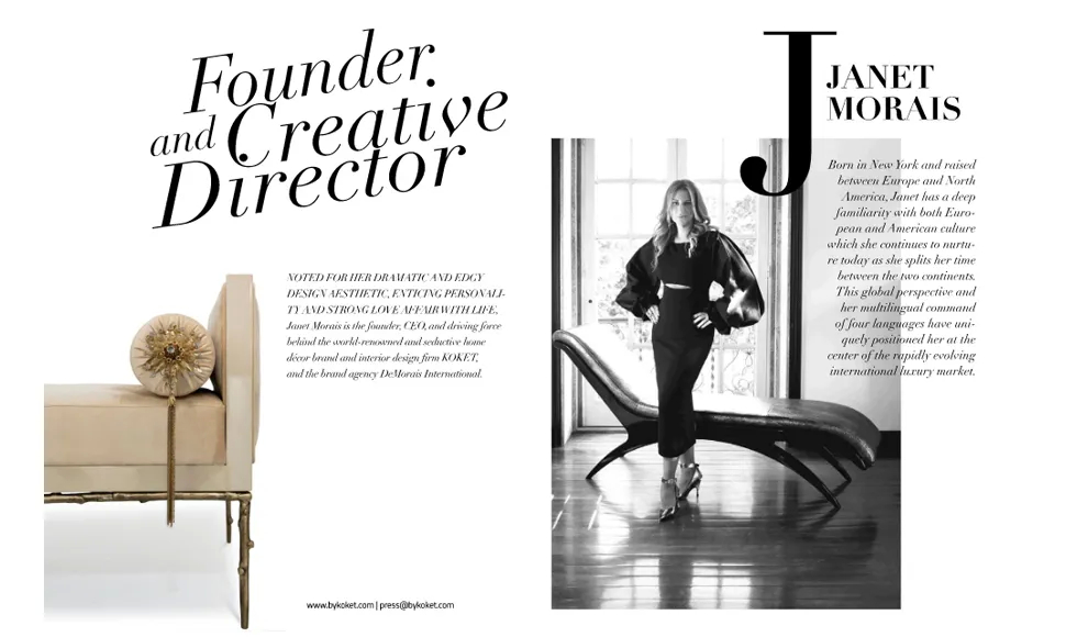 Magazine spread from The Contour of Luxury, featuring Koket's CEO Janet Morais and a bench.