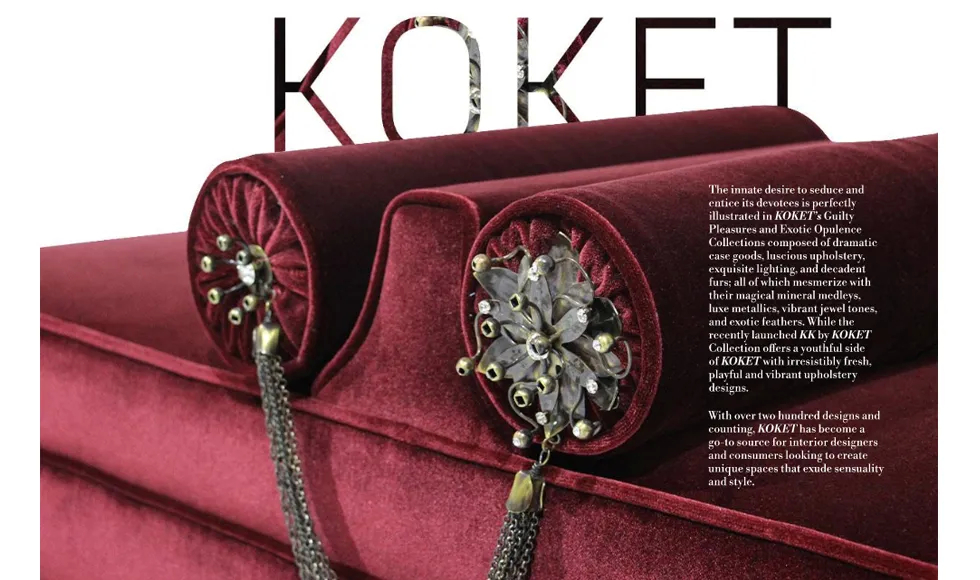 Magazine spread from The Contour of Luxury, featuring a close-up of Koket's red velvet Lé-lé Bench.