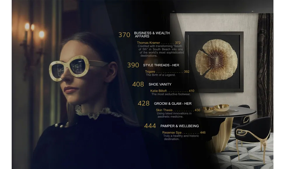 Magazine spread from The Contour of Luxury, featuring a woman in sunglasses and a Chandra Chair.