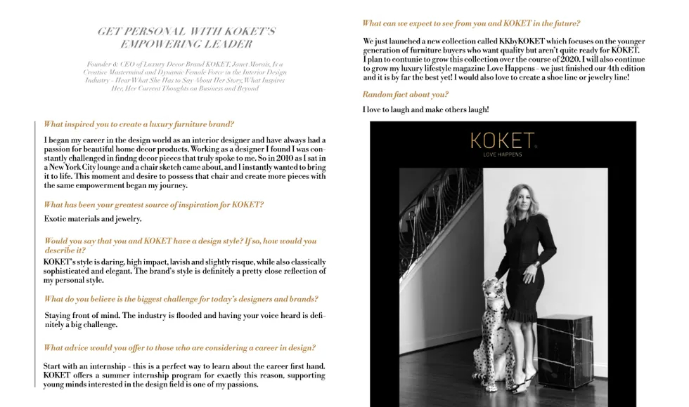 Magazine spread from The Contour of Luxury, featuring an interview with Koket's CEO Janet Morais.