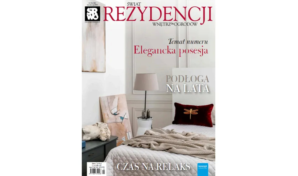 Magazine cover of "Świat Rezydencji Wnętrz i Ogrodów" featuring elegant interiors, "Elegant property" and "Time to relax".
