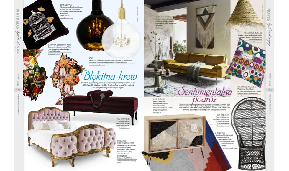 Magazine spread from Świat Rezydencji Wnętrz i Ogrodów, featuring home decor items including Koket's Lé-lé Bench.