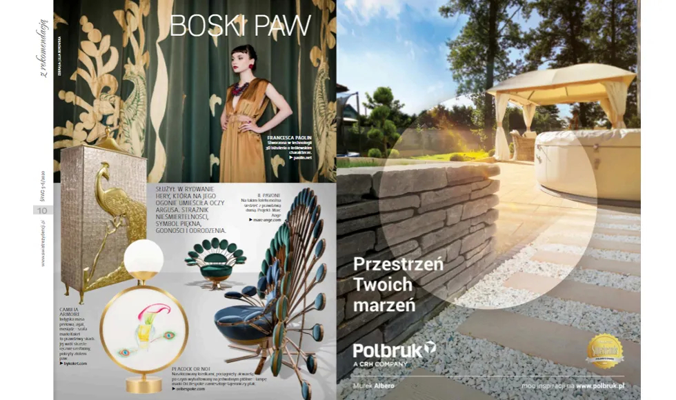 Magazine spread from Świat Rezydencji Wnętrz i Ogrodów, featuring a woman in a green dress and Camilia Armoire.