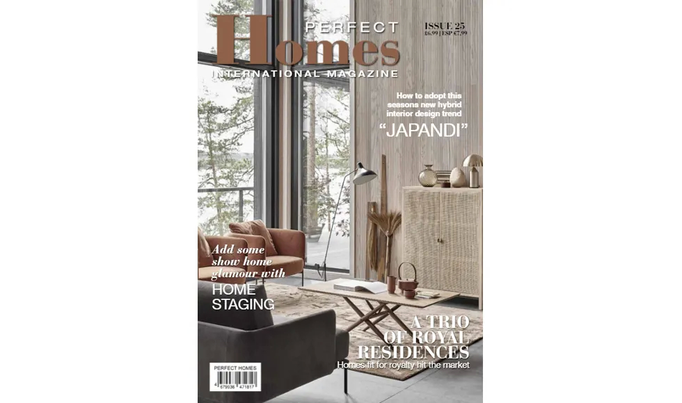 The cover of Perfect Homes International Magazine, Issue 25, showcases a Japandi-style living room with large windows.