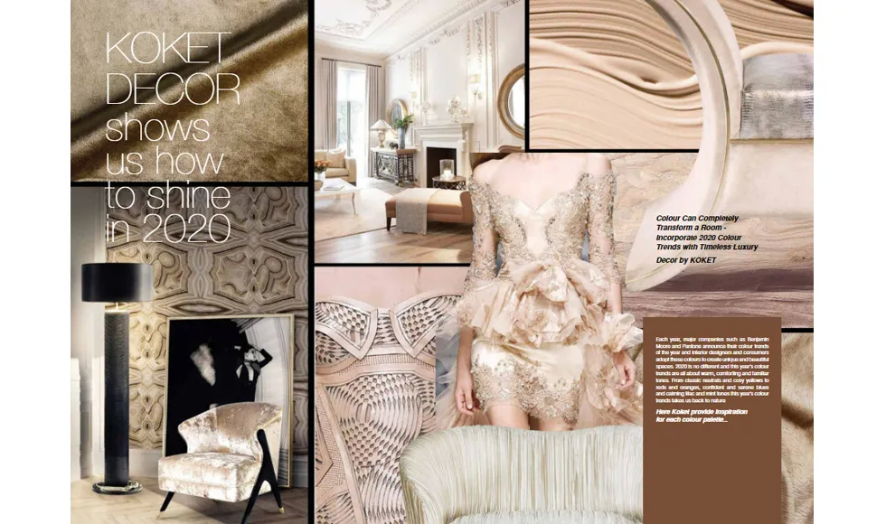 Perfect Homes clipping featuring Koket Decor's 2020 shine trends, including a glamorous interior and the Naomi Chair.