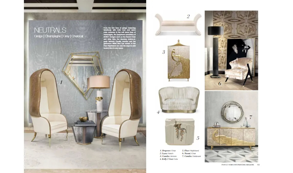 Perfect Homes clipping featuring neutrals in home decor, showcasing multiple Koket furniture pieces like chairs and cabinets.