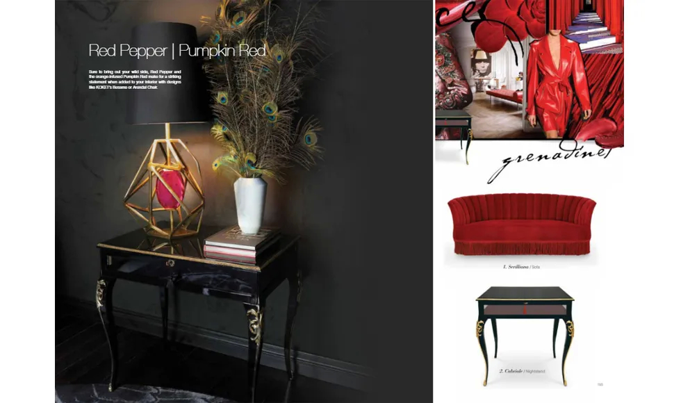 Perfect Homes clipping showcasing Red Pepper and Pumpkin Red decor, with a focus on multiple Koket furniture designs.