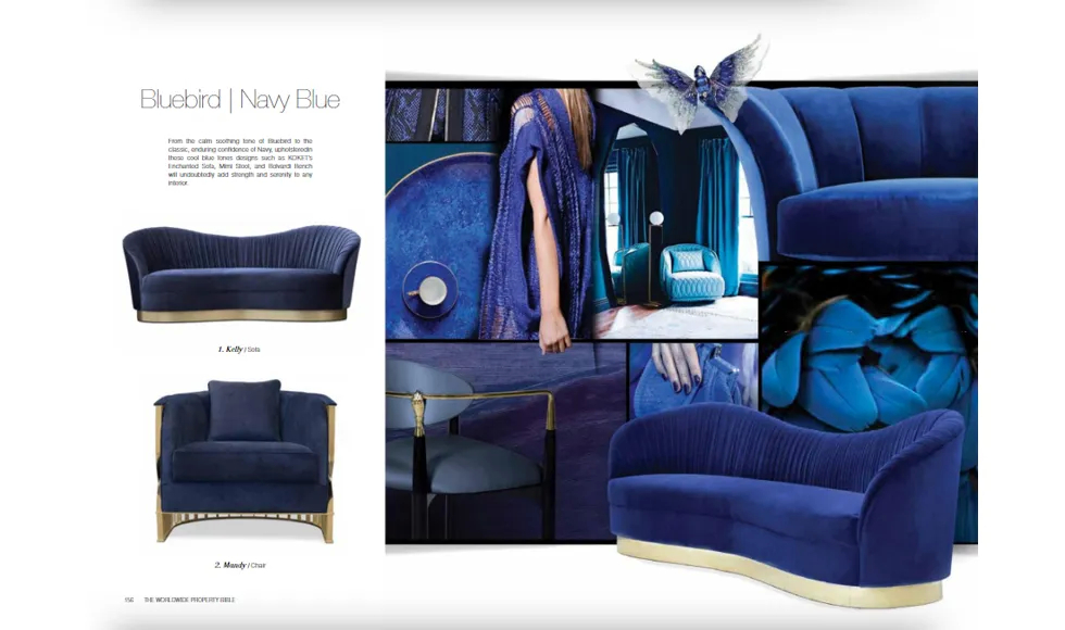 Perfect Homes clipping featuring Bluebird and Navy Blue decor, showcasing various Koket furniture pieces like the Kelly Sofa.