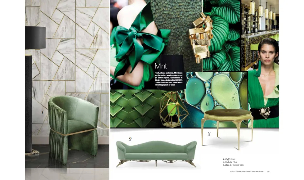 Perfect Homes clipping showcasing "Mint" green fashion and interior design, featuring multiple Koket furniture pieces.