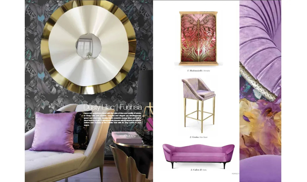 Perfect Homes clipping showcasing Dusty Lilac and Fuchsia decor, featuring multiple Koket pieces like the Mademoiselle Armoire.