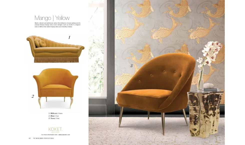 Perfect Homes clipping featuring "Mango | Yellow" decor, showcasing multiple Koket furniture pieces like chairs and a chaise lounge.