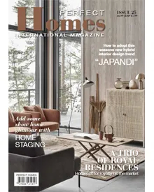 The cover of Perfect Homes International Magazine, Issue 25, showcases a Japandi-style living room with large windows.