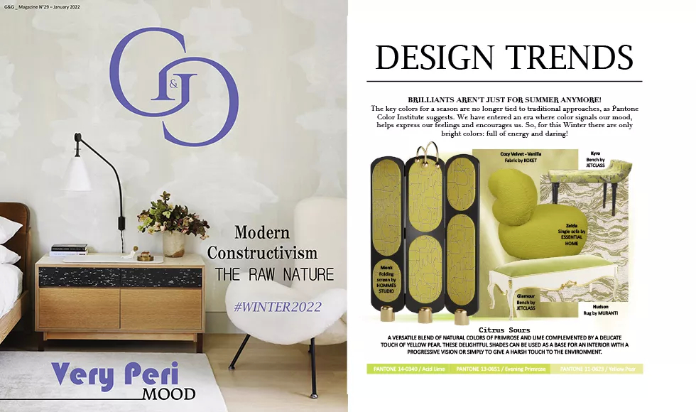 G&G magazine spread: Design Trends for Winter 2022, showcasing various furniture pieces in shades of yellow and green.