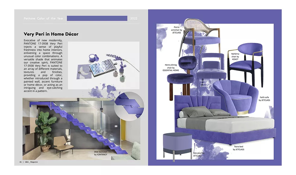 G&G press clipping showcasing Very Peri in Home Décor with various furniture pieces and a staircase in the color.