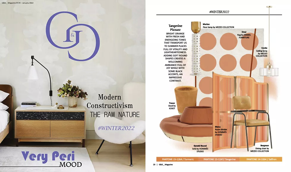 G&G magazine spread, Tangerine Pizzazz for Winter 2022, showcasing various orange-toned furniture and decor items.