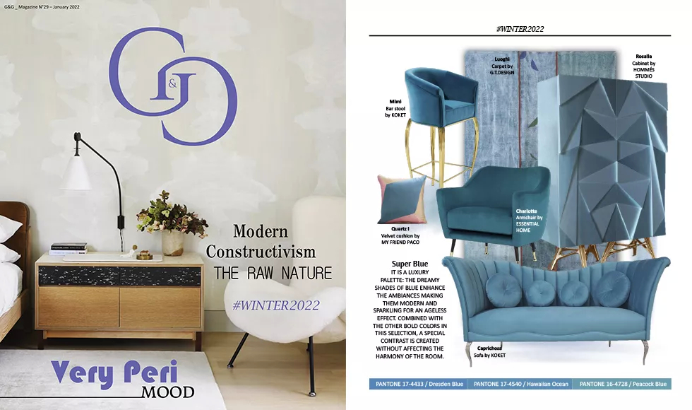 G&G press clipping for Winter 2022, featuring Koket's Mimi Bar Stool and other blue-hued furniture.