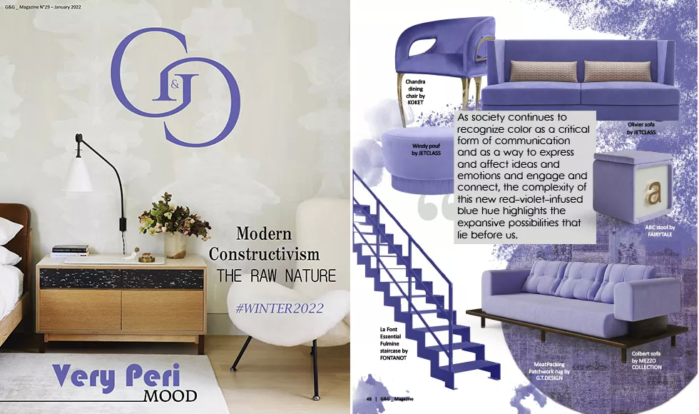 G&G press clipping showcasing Very Peri trends, featuring Koket's Chandra Dining Chair and other purple furnishings.