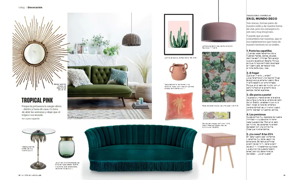 La Moda En Las Calles press clipping featuring Tropical Pink decor with a green sofa and Koket's Sevilliana Sofa.