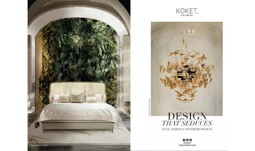 Press clipping for Koket, showcasing their Nymph Chandelier, a golden fixture made of delicate metal butterflies.