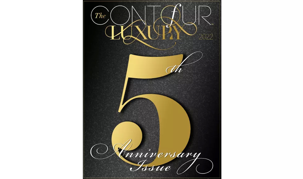 The cover of The Contour of Luxury magazine features a gold number 5, indicating its 5th Anniversary Issue.