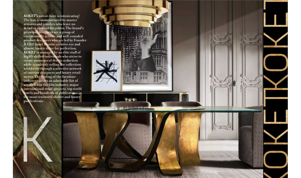 Press clipping from The Contour of Luxury | 5th Anniversary Issue, featuring Koket's iconic Ribbon Dining Table.