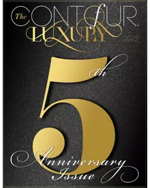 The cover of The Contour of Luxury magazine features a gold number 5, indicating its 5th Anniversary Issue.