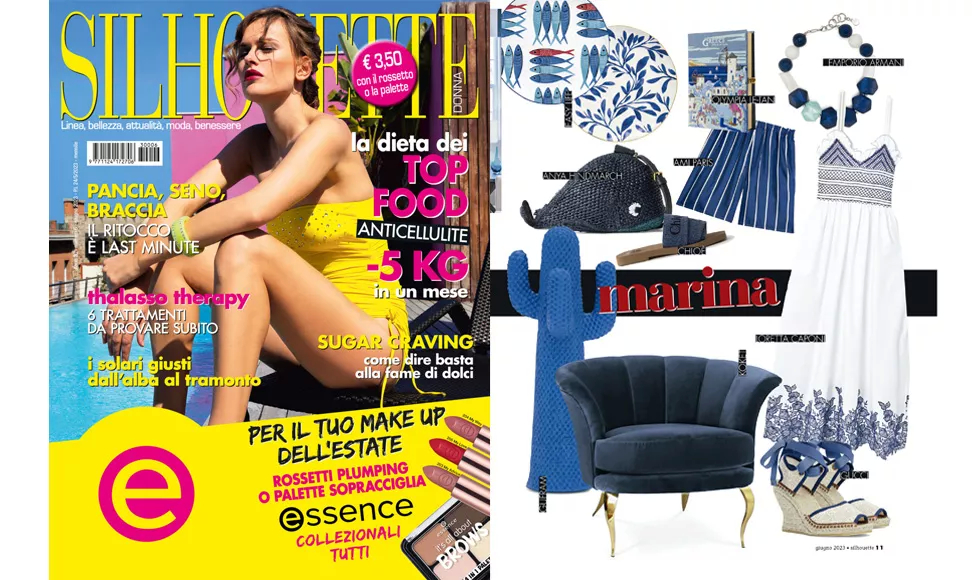 Silhouette Donna press clipping showcasing the Besame Dining Chair, with a woman on the cover in a yellow dress.