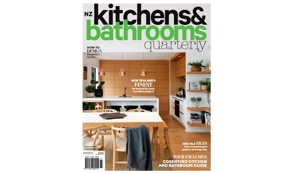 The cover of NZ Kitchens & Bathrooms Quarterly magazine features a modern kitchen and dining area.