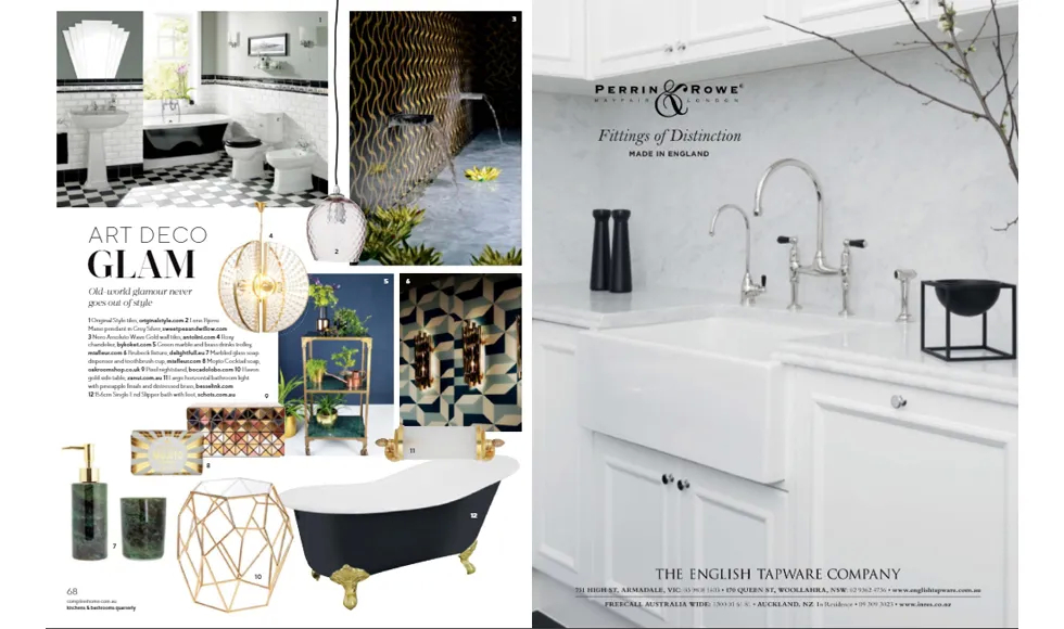 Kitchens & Bathrooms Quarterly clipping showing Art Deco Glam decor, with a focus on Perrin & Rowe tapware and Koket's Roxy Chandelier.