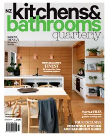 The cover of NZ Kitchens & Bathrooms Quarterly magazine features a modern kitchen and dining area.