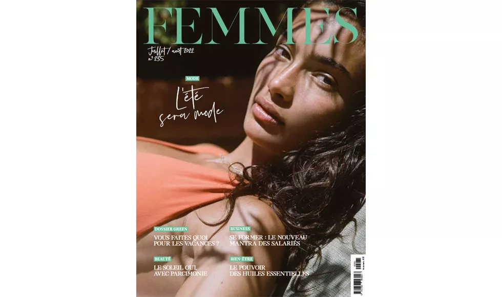 The cover of Femmes magazine features a woman sunbathing, with L'été sera mode (Summer will be fashion) as the main text.