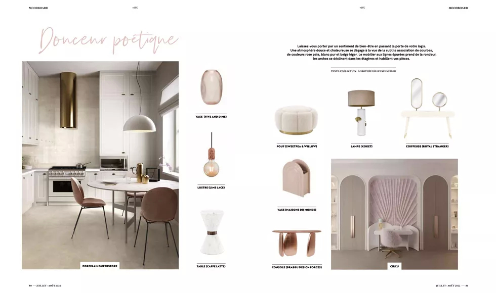 Femmes magazine spread showcasing home decor with a white kitchen and various furniture pieces including a Vengeance Table Lamp.