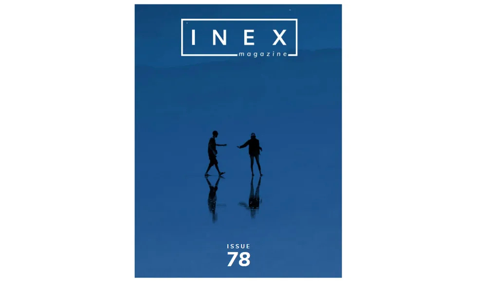 The cover of Inex Magazine, Issue 78, features two silhouetted figures on a reflective blue surface under a night sky.