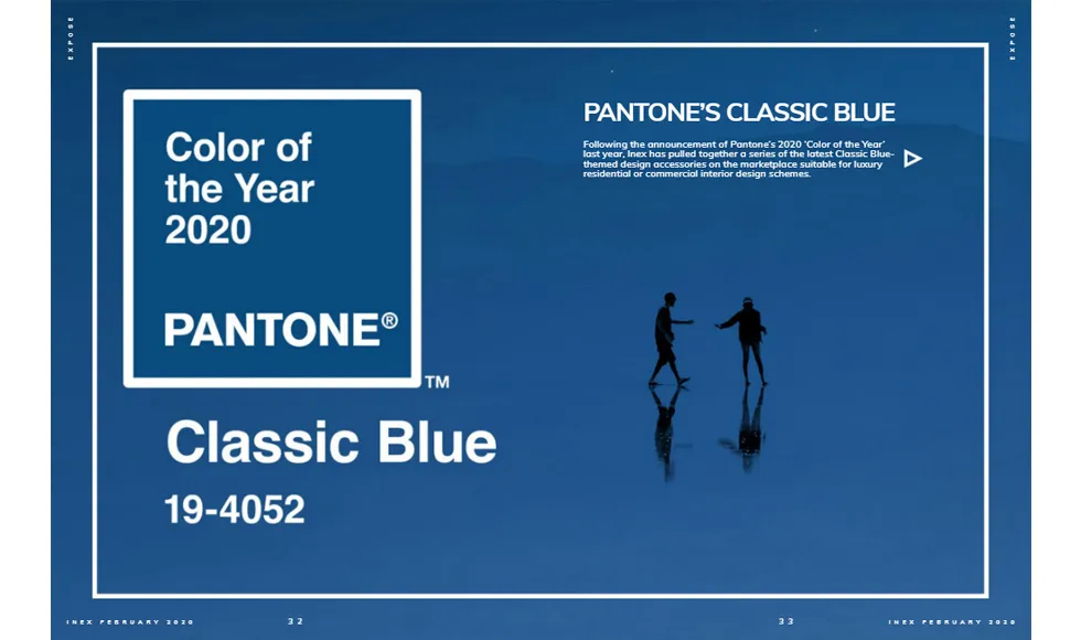 Pantone's Classic Blue 19-4052, Color of the Year 2020, featured in Inex Magazine with two silhouetted figures.