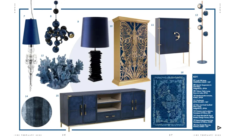 An Inex Magazine press clipping featuring various blue home decor items, including Koket's gold and blue Mademoiselle Armoire.