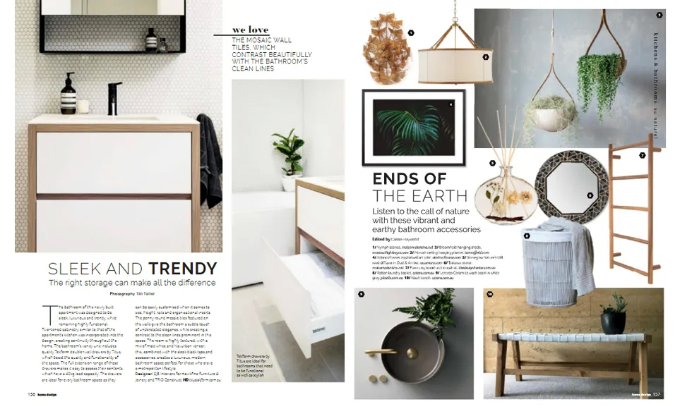 Home Design Magazine spread with a sleek bathroom on the left, and an earth-toned decor collage on the right featuring Koket's Nymph Sconce.