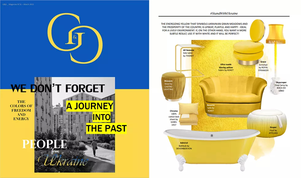 G&G magazine spread with a yellow sofa, lamp, and bathtub, showcasing The Colors of Freedom and Energy.
