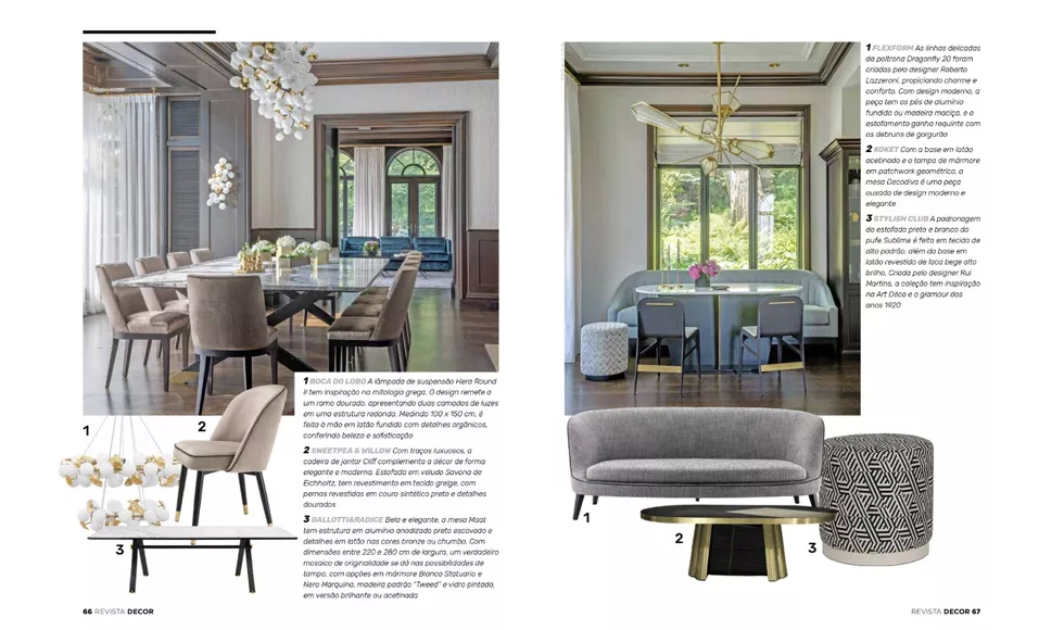 A luxurious dining room spread from Decor magazine, featuring a long dining table, and Koket's Decodiva Dining Table.