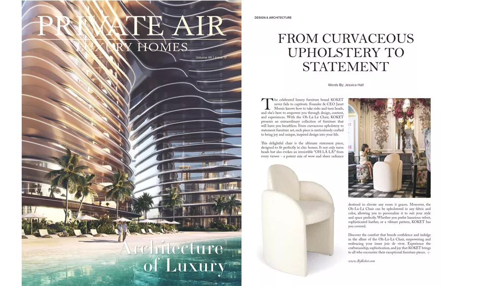 Private Air Luxury press clipping, showcasing KK by Koket's Oh-lá-lá Chair, with an architectural cover on the left.