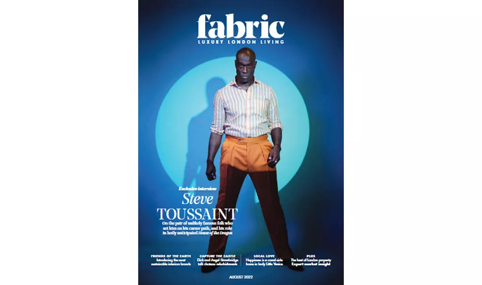 Cover of Fabric Magazine featuring Steve Toussaint posing against a blue spotlight, with Luxury London Living text.