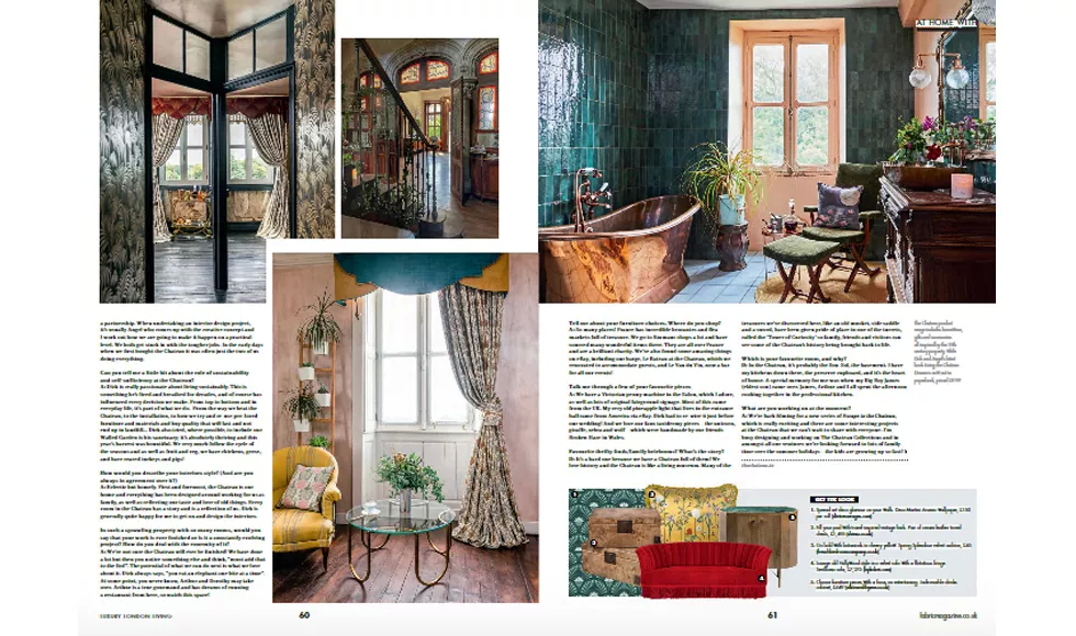 A spread from Fabric Magazine showcasing interior design, including a bathroom with a copper tub and living spaces.