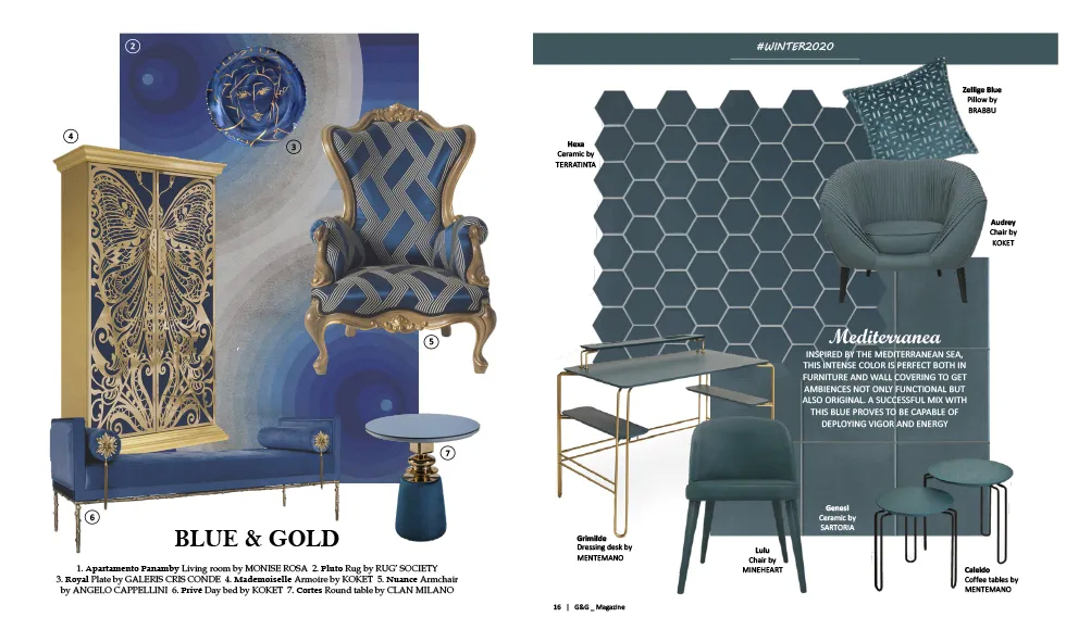 G&G magazine spread with blue and gold decor on the left, featuring Koket's Mademoiselle Armoire, and a blue mood board on the right.