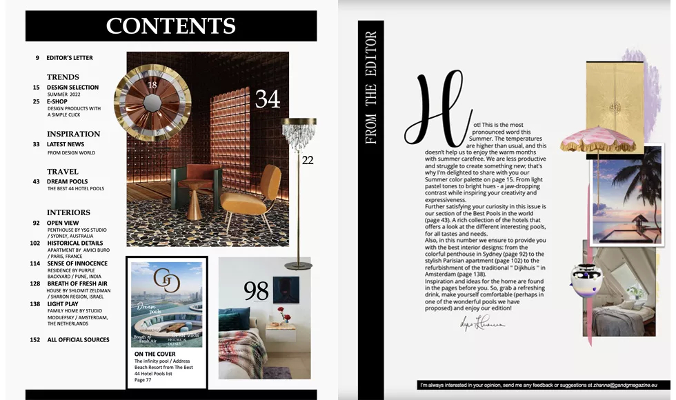 A contents page and editor's letter from G&G magazine, featuring Koket's Revê 3-Tier Mirror on the left page.