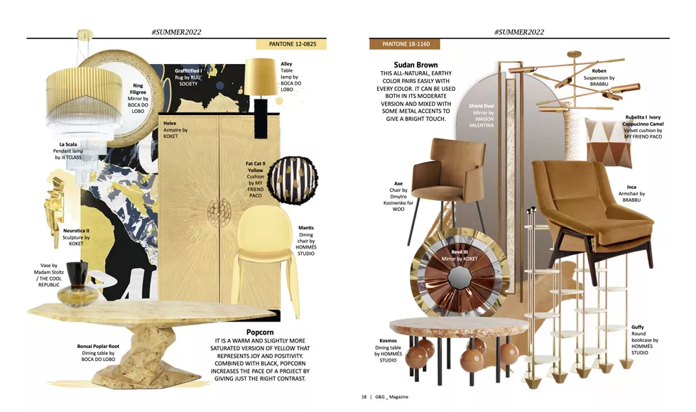 A design spread from G&G magazine, showcasing yellow and brown decor, featuring Koket's Revê 3-Tier Mirror.