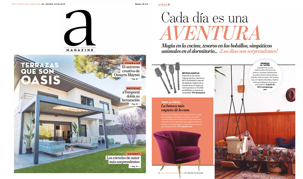 A spread from A Magazine featuring a modern house and a bedroom, with Koket's Besame Chair in purple.