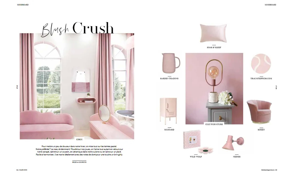 Femmes magazine spread with blush pink interiors on the left, and a product collage on the right featuring Koket's Besame Chair.