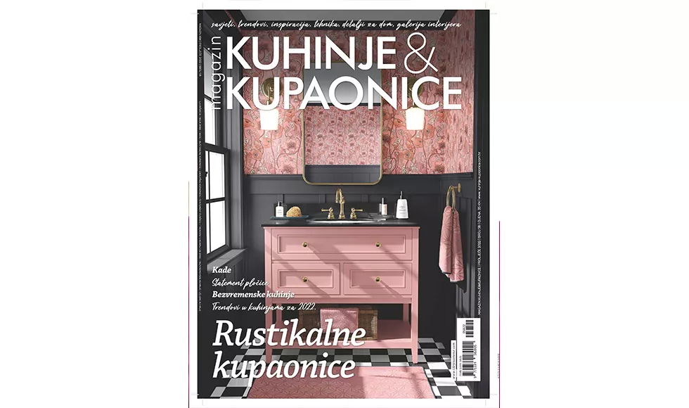 Cover of Kuhinje & Kupaonice magazine, featuring a rustic pink bathroom vanity with floral wallpaper and black wainscoting.