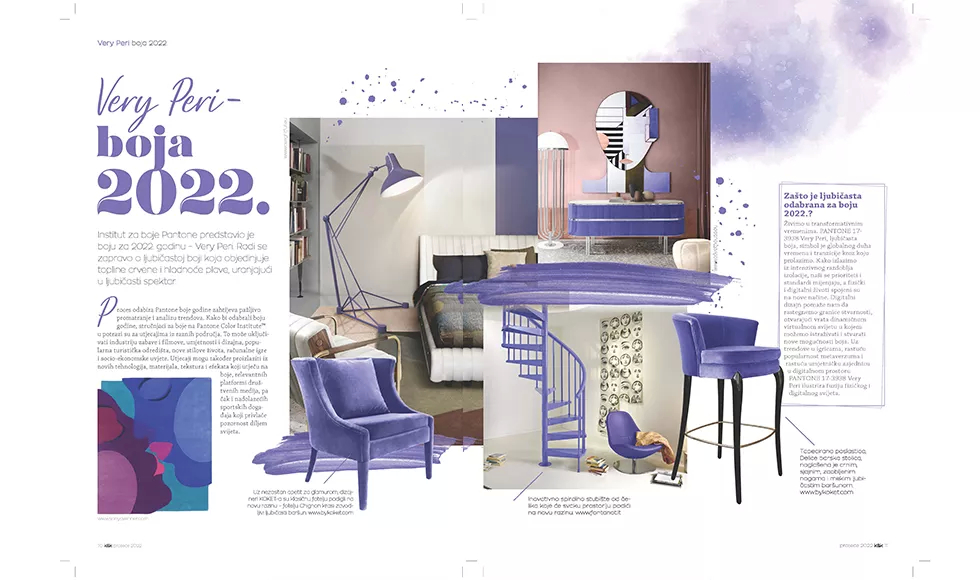 A spread from Kuhinje & Kupaonice featuring Pantone's Very Peri. Includes Koket's Chignon Chair & other purple decor.